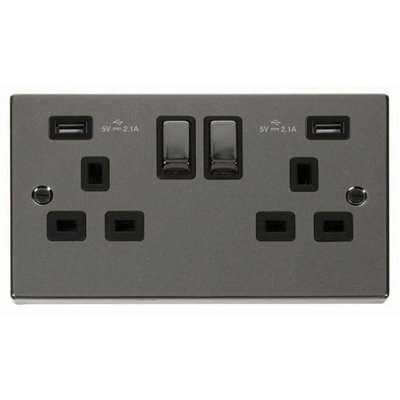 Black Nickel 2 Gang 13A DP Ingot 2 USB Twin Double Switched Plug Socket
