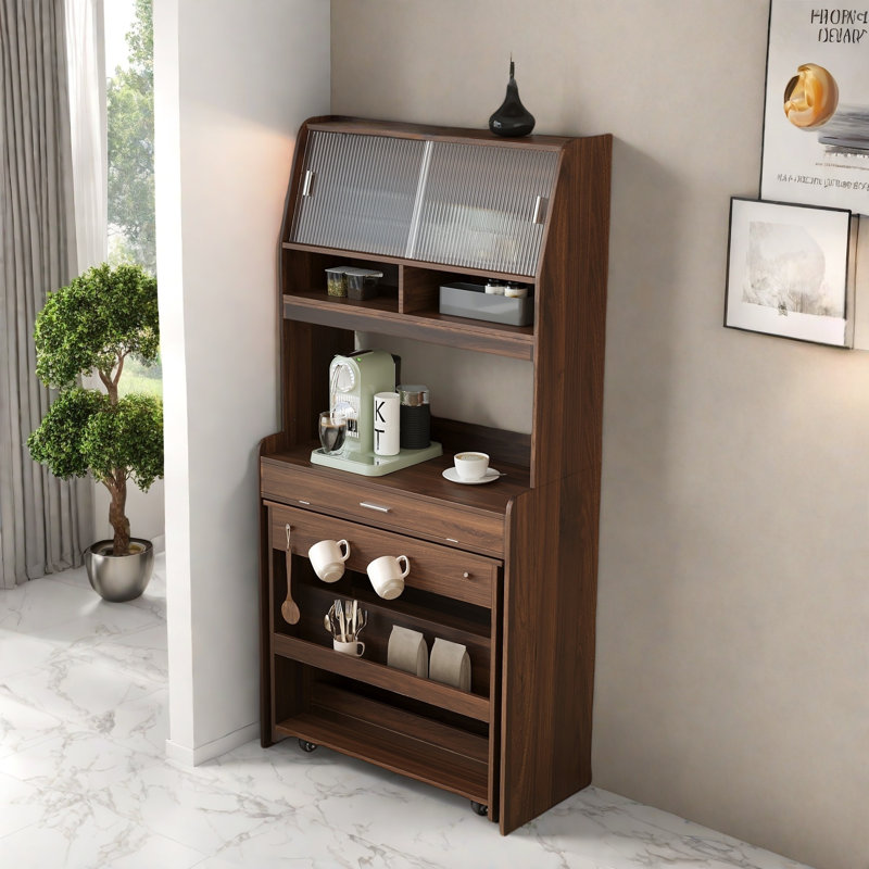 Buffet With Hutch And Foldable Dining Table, Storage Shelves, Side Hooks And A Cabinet With Sliding Doors, Walnut