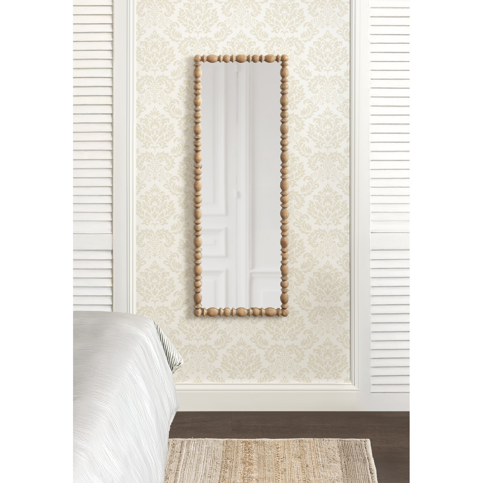 Eloise Beaded Wood Wall Mirror, Solid Wood, Brown, 49.75" X 17.75"