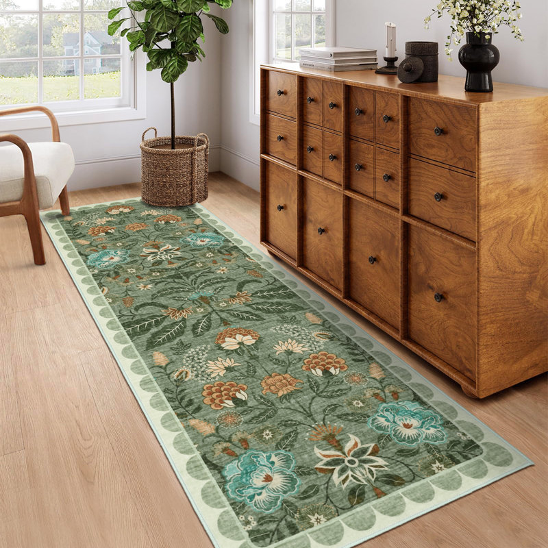 Tapis lavable à motif floral botanique pour salon, Vert, Runner 2' x 6'