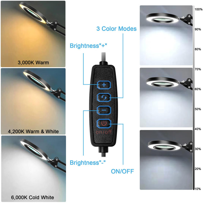 10X Magnifier Desk Lamp, 2-In-1 LED Magnifying Glass With Light And Clamp, Hands-Free Lighted Magnifier With 3 Colour Modes For Craft Hobby Nail Repair Reading Close Works (Black, Clamp)