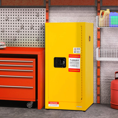 Galvanized Steel Flammable Storage Cabinet, 18.1" X 35.4", 16 - Gallon, Adjustable Shelves, Ventilation Holes, 3 Point Locking, Yellow, 180 Degree Door Opening 35.4" Steel, Gallon Storage, Collecting
