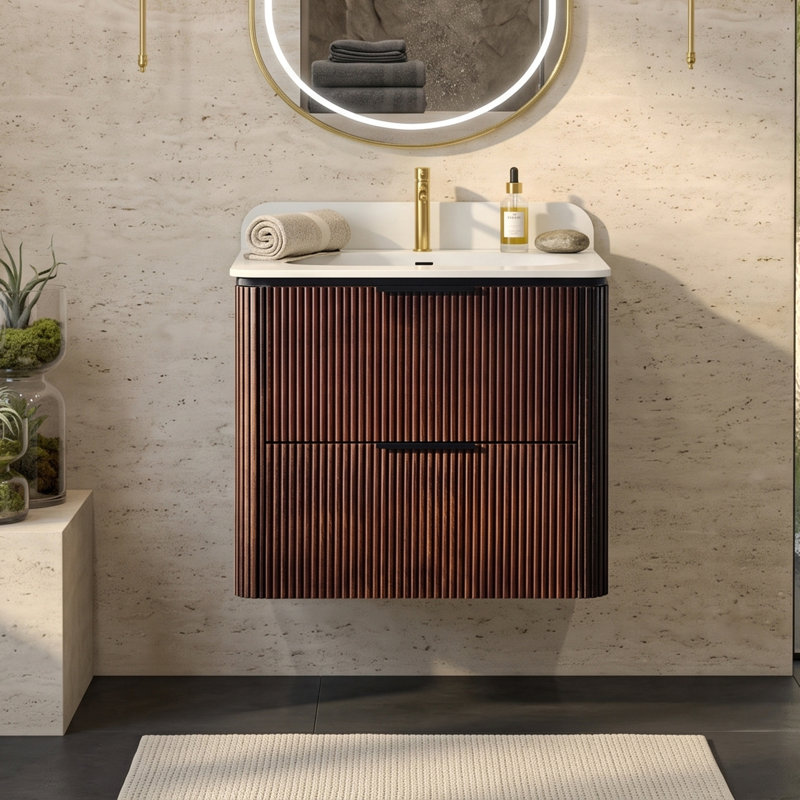 Meuble-lavabo suspendu de 61 cm (24 po) en fini noyer avec lavabo monobloc sans joint