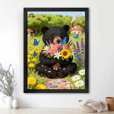 Art mural rétro noir, petit ours mignon jouant avec des papillons, impressions encadrées de style rétro