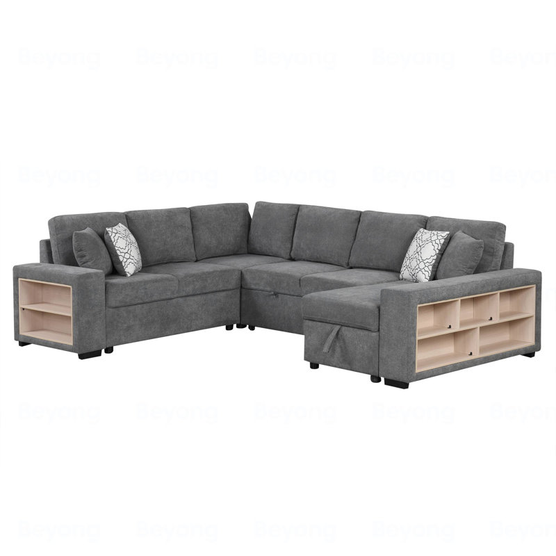 Toko Modern U-shaped Sectional Sofa With Pull Out Bed And Storage Chaise/Shelf & USB Ports, Gray Chenille