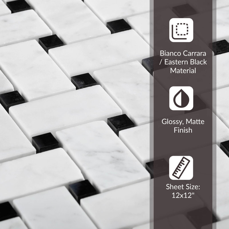 Heritage 1 in. x 2 in. Basketweave Polished Marble Tile, White Black