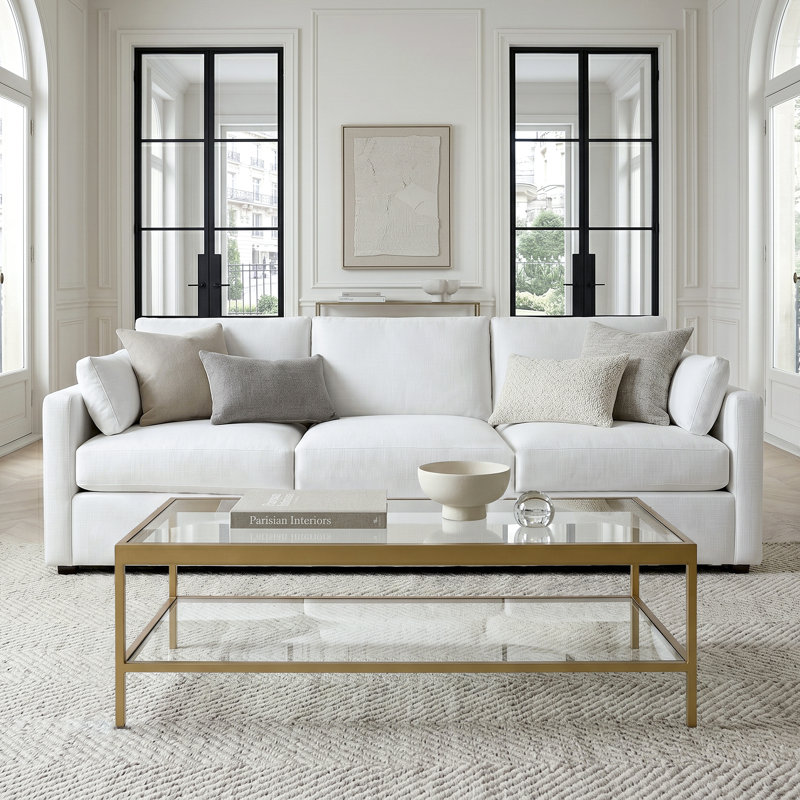 Table basse de 54 po avec plateau inférieur en verre et tablette inférieure ouverte - centre de table moderne en métal en laiton pour le salon | Cleo