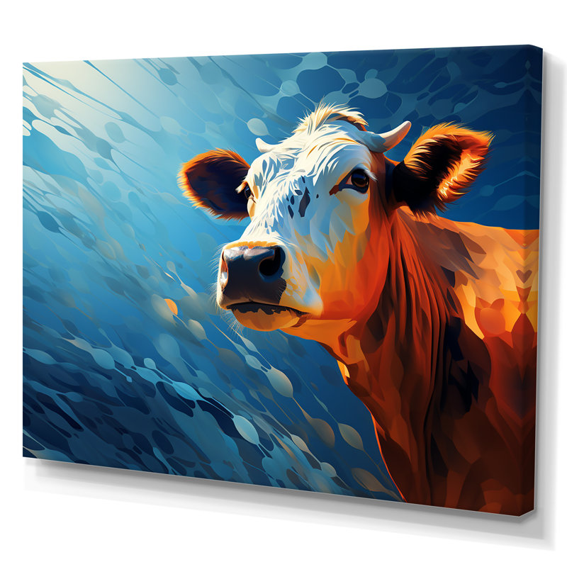 «Blue and Orange Cow Flow» - Art mural sur toile de vache, Toile tendue, H 34 po x l 44 po