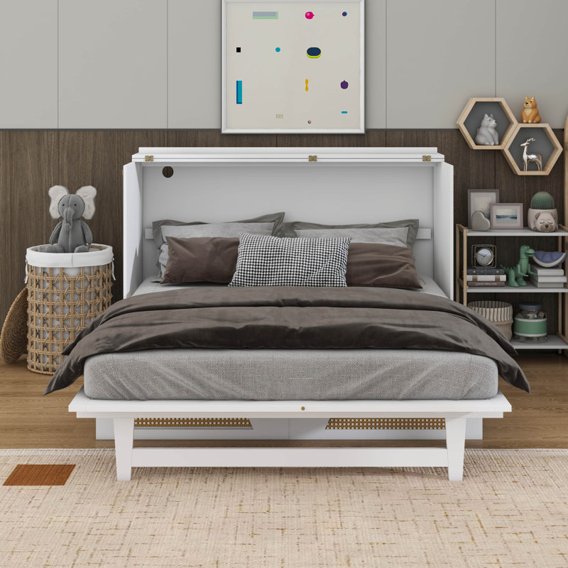 Lit escamotable avec grand tiroir, ports USB et prises USB, Double, Blanc