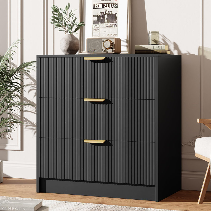 3-Drawer Vertical Fluted Dresser – 30" Tall Nightstand Chest, Gold Metal Handles, Multi-Function Organizer for Bedroom, Living Room, Entryway, Hallway (Black)