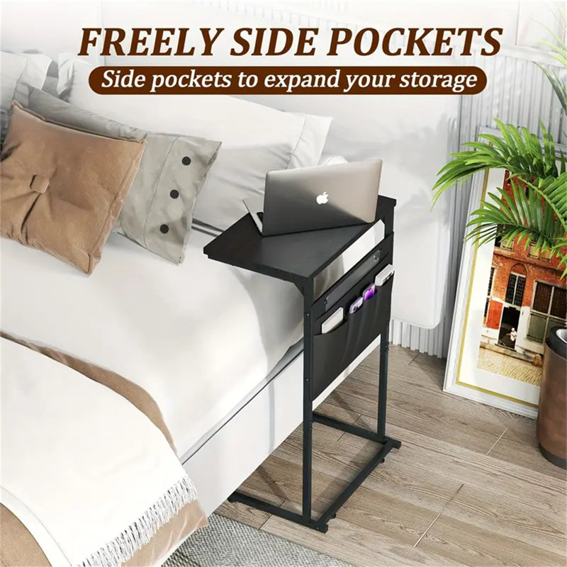 C-Shaped Coffee Table, Small And Sturdy Sliding Sofa Table With Metal Frame For Living Room And Bedroom, Sofa Side Table With Storage Pocket, Black