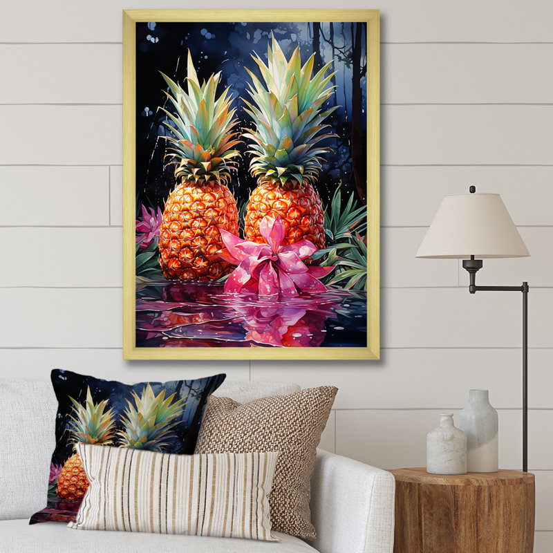 Nectar néon ananas sur toile, Encadrement doré, H 44 po x l 34 po x P 1,5 po