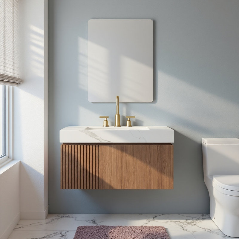 Meuble-lavabo flottant 36 po avec lavabo 36 po, armoire en chêne brun pré-assemblé, plateau en pierre frittée Carrara, 36"