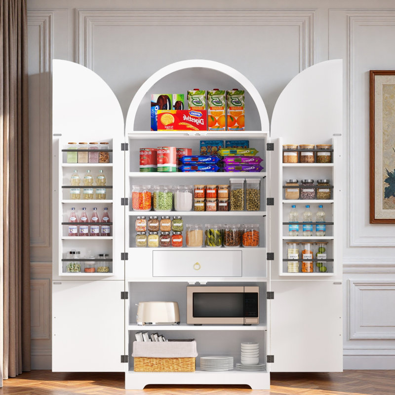 Grand garde-manger arqué avec 8 tablettes de porte, 3 tablettes réglables et un tiroir caché, Blanc