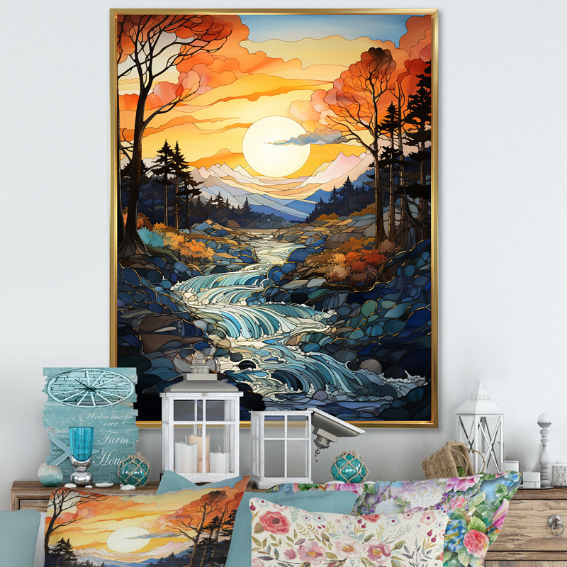 Wind Turbines Sunrise Valley sur impression sur toile, Cadre flottant doré, 20" H x 12" W