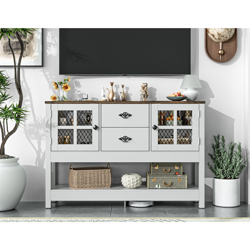 Entryway Table with 2 Drawers, 47" Farmhouse Console Tables with Charging Station, 2 Doors and Adjustable Shelf, White