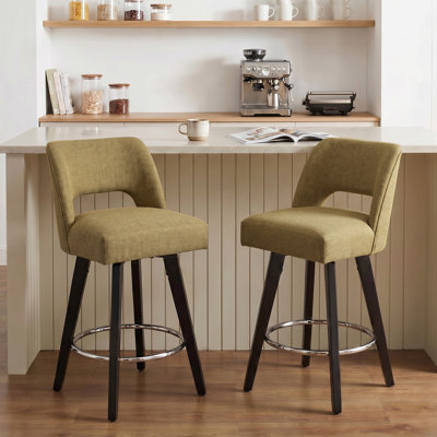 Ensemble de 2 tabourets de comptoir pivotants 26,4 po - revêtement Linen-Feel, pieds en bois massif noir, dossier ouvert pour îlot de cuisine
