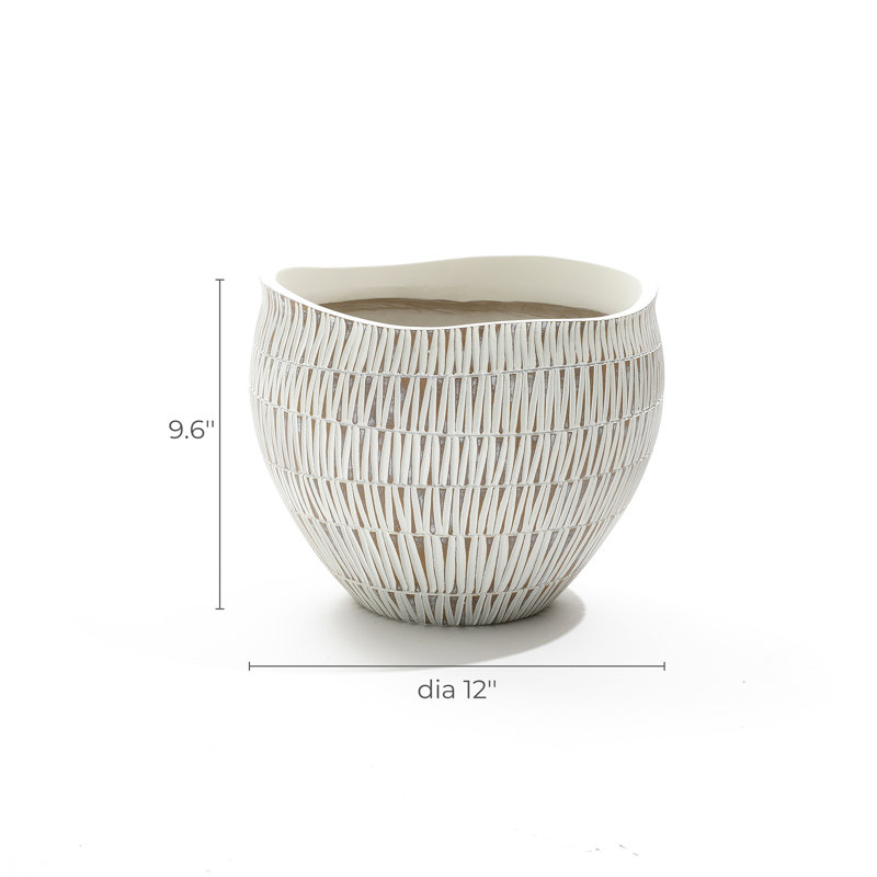 White and Gold V-Pattern Polyresin Round Planter, 9.6" H x 12" W x 12" D