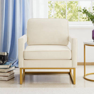 Chaise d'appoint de style moderne avec base en métal doré, chaise de loisir rembourrée avec accoudoirs ouverts, fauteuil