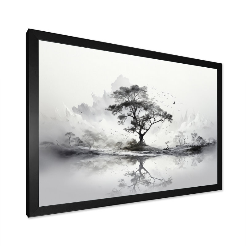 Grey White Minimalism Tree Ink Harmony III - Floral Wall Decor, H 24 po x l 32 po x P 1 po, Cadre photo noir