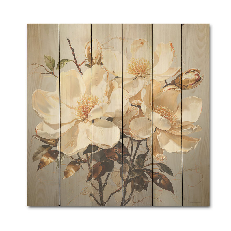 Magnolia beige et vert Blooms I - Magnolias, art mural sur bois de pin naturel, H 36 po x l 36 po