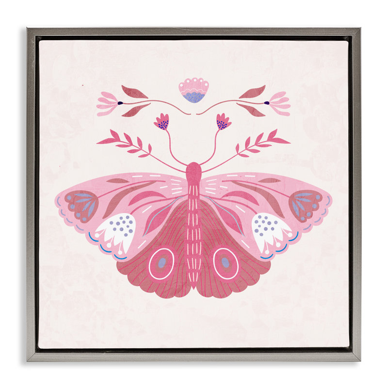 Cadre flottant rose Boho Butterfly Folk, design par Kim Allen, H 25 po x l 25 po, Cadre flottant gris lustré