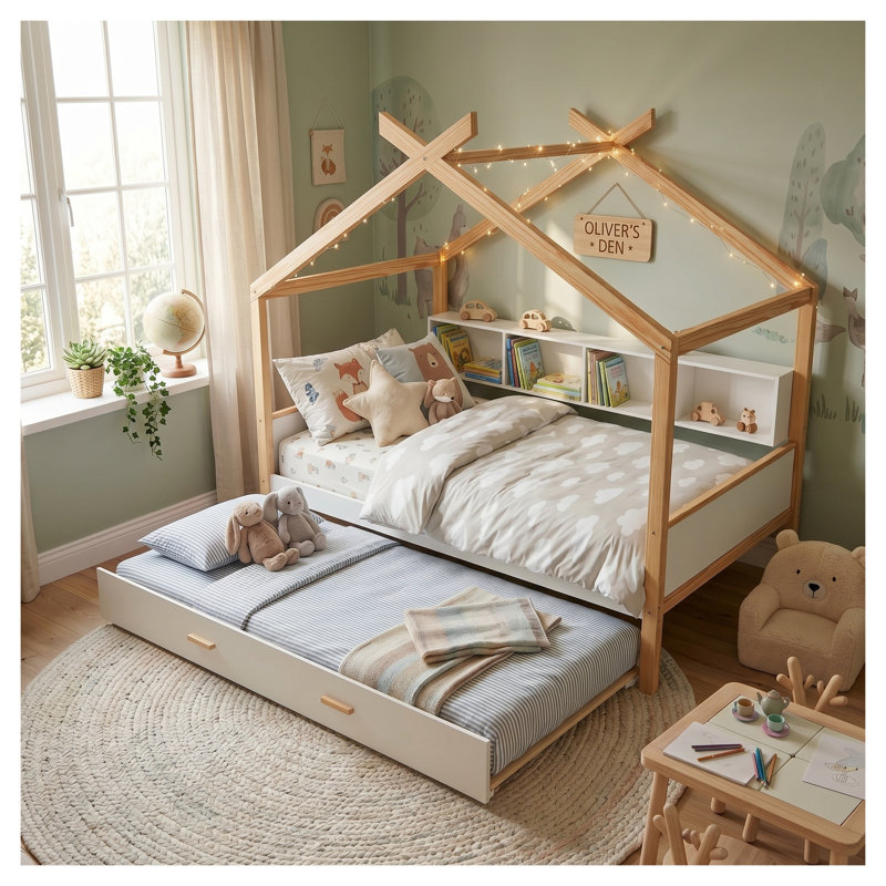 Lit maison blanc en bois pleine grandeur avec accents de couleur bois original, Twin