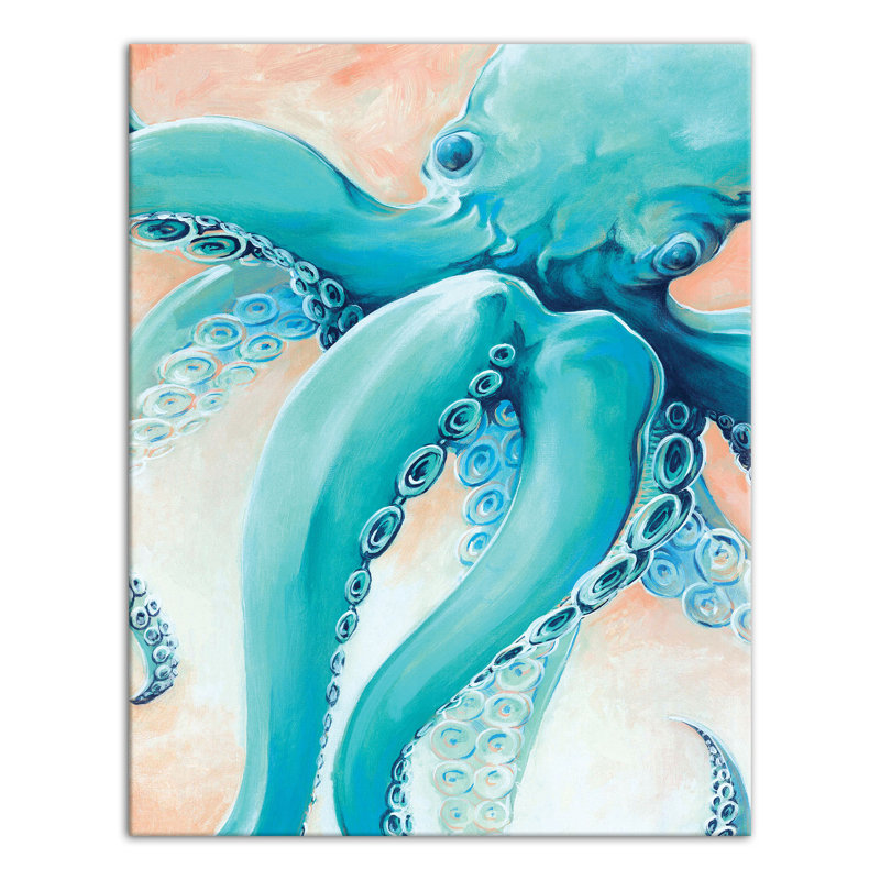 Pieuvre bleue sur toile, H 14 po x l 11 po x P 1,25 po