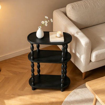 Table de bout étroite, table d'appoint mince pour les petits espaces, table de chevet de rangement à 3 niveaux avec pieds fuselés rétro et rebord anti-éclaboussures
