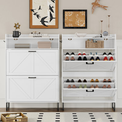 20-Pair Shoe Storage Cabinet with 2 Flip-Down Drawers, 2 Shelves & Adjustable Shelves, Side Hooks（Set of 2）