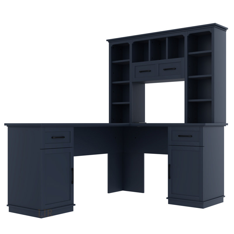 Bureau d'ordinateur en L avec 2 armoires, 2 tiroirs, 11 tablettes ouvertes et prise de courant pour bureau, salon et bureau en bleu antique