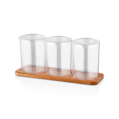Ensemble de 7 pots en plastique sans BPA avec support en bois, 3 pots (3,9 x 3,9 x 5,5 po, 27,1 oz liq.) + Support (13 x 4,5 x 5,9 po) | Va au lave-vaisselle | Conception transparente | Parfait pour le rangement et l'organisation de la cuisine