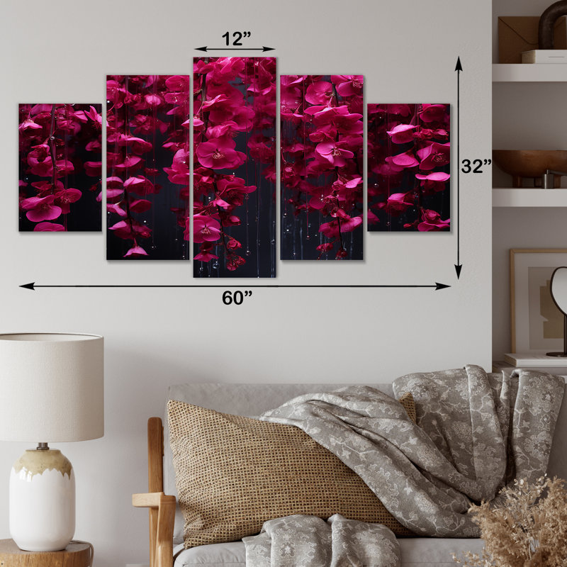 Fleurs roses et noires en cascade - Fuschia, art mural multi-panneaux