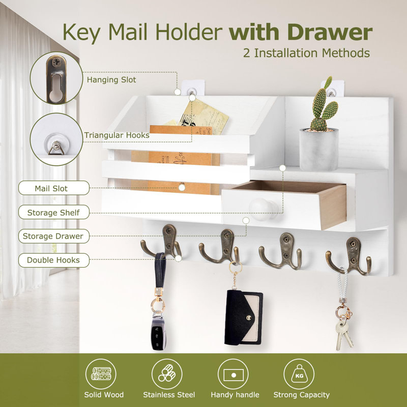 White Wooden Wall-Mounted Key and Mail Organizer with Drawer