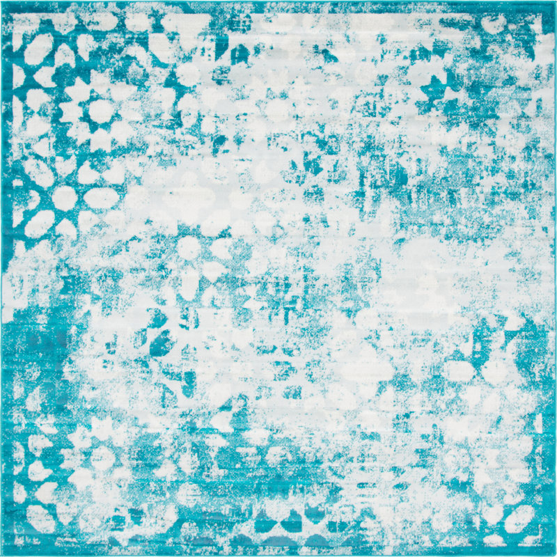 Brandt Floral Area Rug, Square 8', Turquoise/White