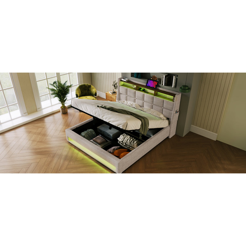 Lit double tapissier avec rangement hydraulique, DEL,  Naturel, Double