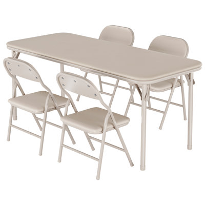 5 Piece Kids Folding Table and Chairs Set, Children Activity Table w/ 4 Chairs PU Leather Waterproof, Foldable Furniture for Dining, Learning, Painting Classroom, Beige