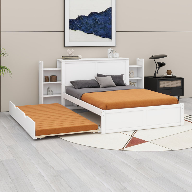 Lit plateforme en bois avec tablettes coulissantes, support à lattes de bois, lit gigogne et 2 tiroirs, Lit double 
