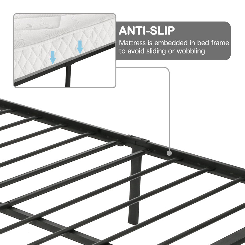 Queen Black Metal Frame Bed with Upholstered Headboard