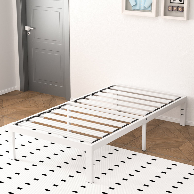 Base de lit plateforme robuste de 14 po avec lattes en acier renforcé Base E, Lit simple, Blanc