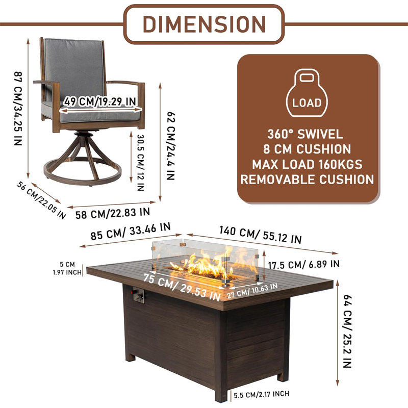 Abasi Patio Dining Set with Rectangular Table , Cushions Included, 4, Brown