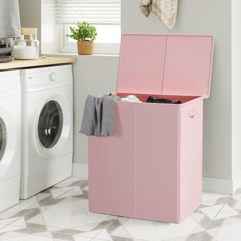 Panier à linge double 154L avec couvercle et sacs à linge amovibles, grand panier à linge pliable 2 paniers à linge pliables, rangement pour chambre, salle de bain, université, rose