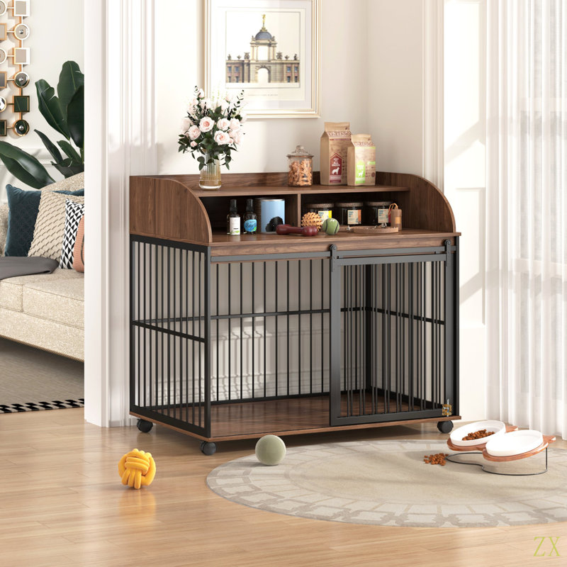 Meuble de rangement robuste pour chien de 44 po avec roulettes verrouillables, Brun