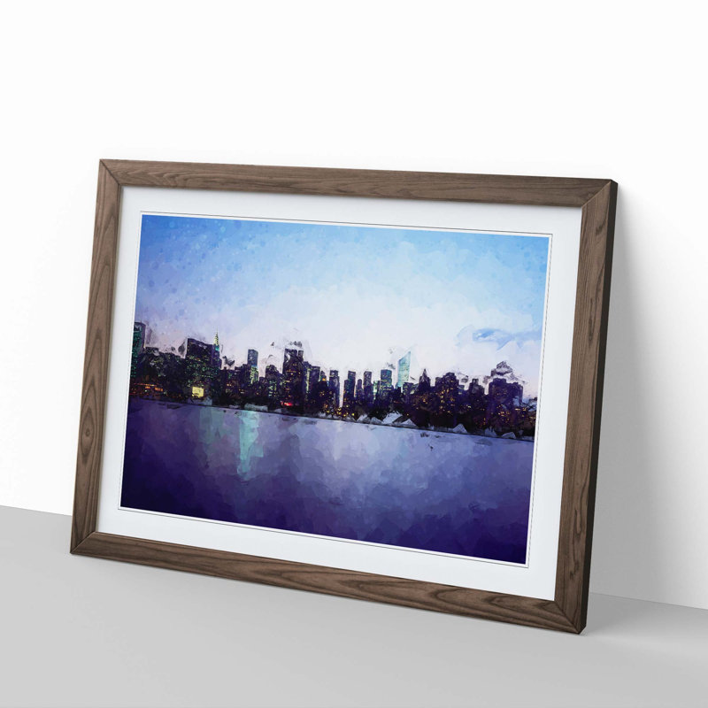 Night skyline of New York in Abstract - Picture Frame Graphic Art Print, 27cm H x 36cm W x 2cm D, Walnut Framed