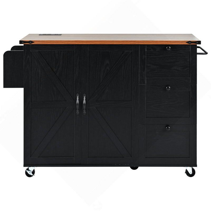 54.5" Farmhouse Kitchen Island With Power Outlet, Kitchen Storage Island  With Internal Storage Rack, Drop Leaf, Spice Rack, Rolling Kitchen Cart On Wheels, For Home, Kitchen And Dining Room