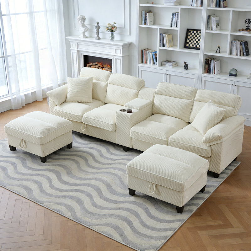 Canapé modulaire en U Corduroy avec repose-pieds avec rangement et port USB - C - Cloud Cloud, Beige