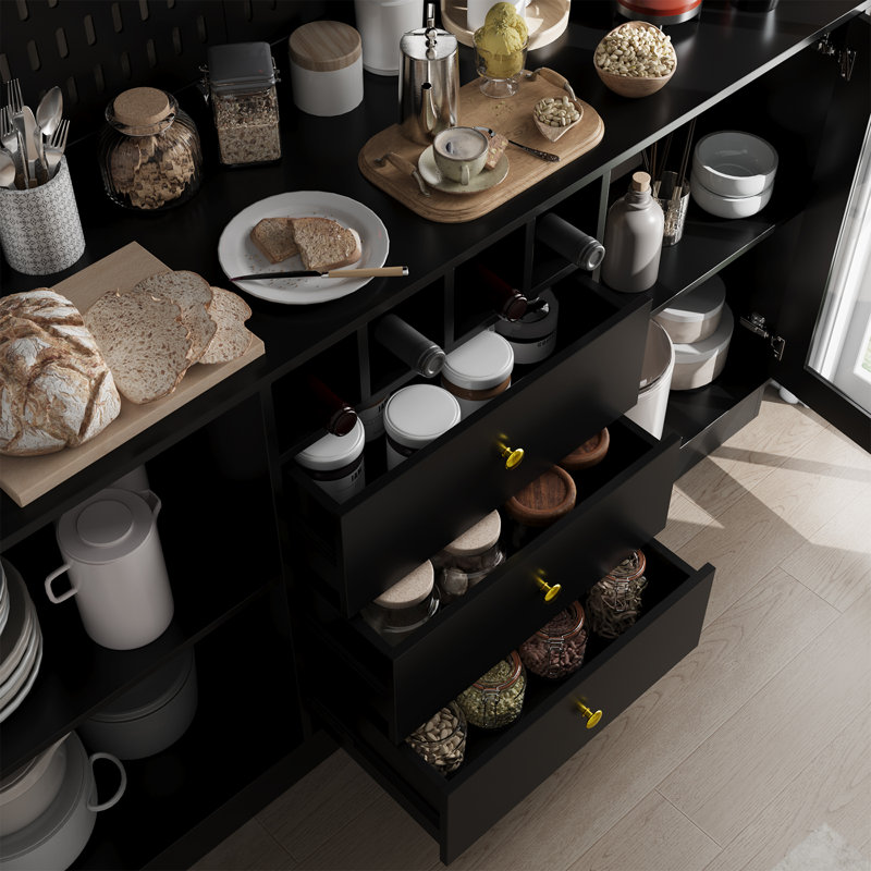 75" Stand Alone Kitchen Pantry with Spacious Countertops, 4 Glass Doors and 3 Drawers and Power Outlet, Black