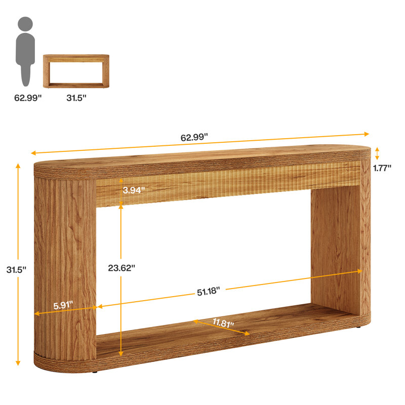 63" Oval Console Table For Entryway, Narrow Wood Entry Desk Behind Couch For Entrance, Hallway, Foyer, Brown