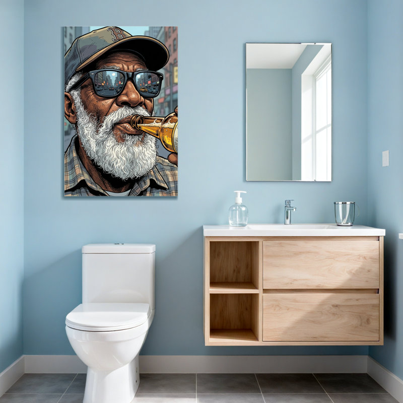 Fashion Old Man buvant de la bière avec des lunettes de soleil, H 20 po x l 30 po