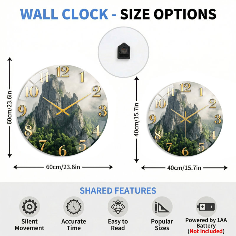 Horloge murale en verre, 60 x 60 cm (23,6 x 23,6 pouces)